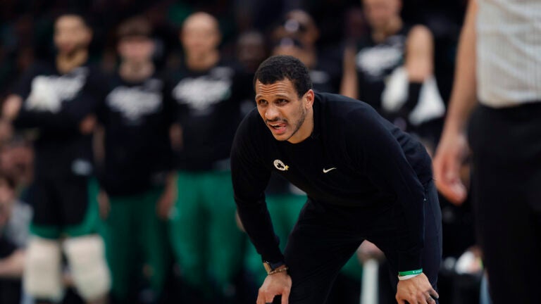 Boston Celtics head coach Joe Mazzulla uring the fourth quarter in game five of the NBA Eastern Conference playoffs against the Orlando Magic at TD Garden. (