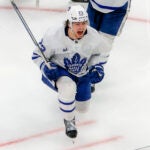 Toronto Maple Leafs left wing Matthew Knies (23) celebrates his game winning goal against the Boston Bruins during the overtime period in game five of the Eastern Conference NHL Playoffs at TD Garden. Photo by