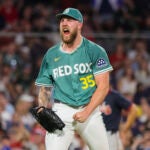 Garrett Crochet #35 starting pitcher for the Boston Red Sox reacts after a bases loaded strike out against the Atlanta Braves during seventh inning MLB action at Fenway Park on May 16, 2025.