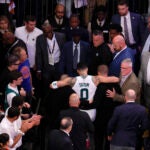 Boston Celtics forward Jayson Tatum (0) is carried off the court during the fourth quarter in game four of the NBA Eastern Conference semifinal against the New York Knicks at Madison Square Garden.