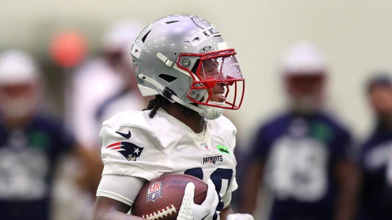 The Patriots held a mini rookie camp at the Gillette Stadium bubble. Kyle Williams runs with the ball during a drill.