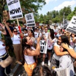Supporters gather outside federal court in support of Marcelo Gomes da Silva.