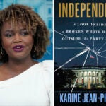 This combination of photos shows White House press secretary Karine Jean-Pierre during the daily briefing at the White House in Washington, on Nov. 13, 2024, left, and the cover of her book "Independent: A Look Inside a Broken White House, Outside the Party Lines."