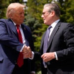 President Donald Trump meets with Britain's Prime Minister Keir Starmer on the sidelines of the G7 Summit, Monday, June 16, 2025, in Kananaskis, Canada.