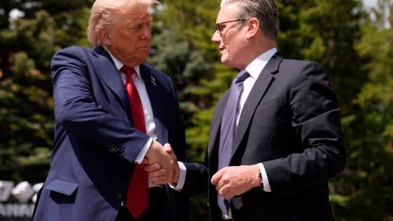President Donald Trump meets with Britain's Prime Minister Keir Starmer on the sidelines of the G7 Summit, Monday, June 16, 2025, in Kananaskis, Canada.