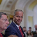 Senate Majority Leader John Thune, R-S.D., joined at left by Sen. John Barrasso, R-Wyo., the GOP whip, speaks to reporters following closed-door party meetings at the Capitol in Washington, Tuesday, June 17, 2025.