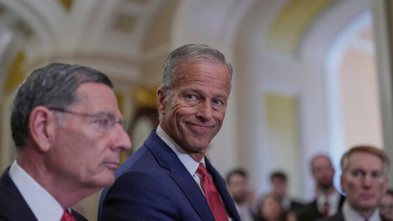 Senate Majority Leader John Thune, R-S.D., joined at left by Sen. John Barrasso, R-Wyo., the GOP whip, speaks to reporters following closed-door party meetings at the Capitol in Washington, Tuesday, June 17, 2025.