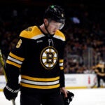Boston Bruins defenseman Mason Lohrei (6) on the ice to face the Nashville Predators during the second period at TD Garden.