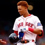 Boston Red Sox second baseman Kristian Campbell (28) reacts after grounding out against the Baltimore Orioles during the first inning at Fenway Park.