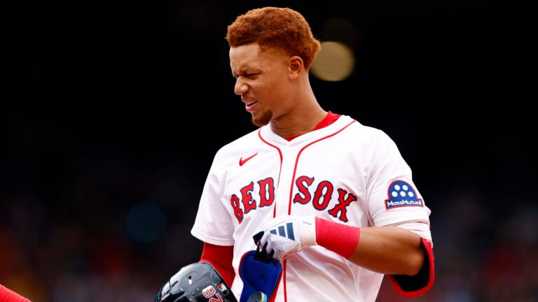 Boston Red Sox second baseman Kristian Campbell (28) reacts after grounding out against the Baltimore Orioles during the first inning at Fenway Park.