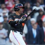 San Francisco Giants' Rafael Devers strikes out against the Cleveland Guardians during the first inning of a baseball game in San Francisco, Tuesday, June 17, 2025.