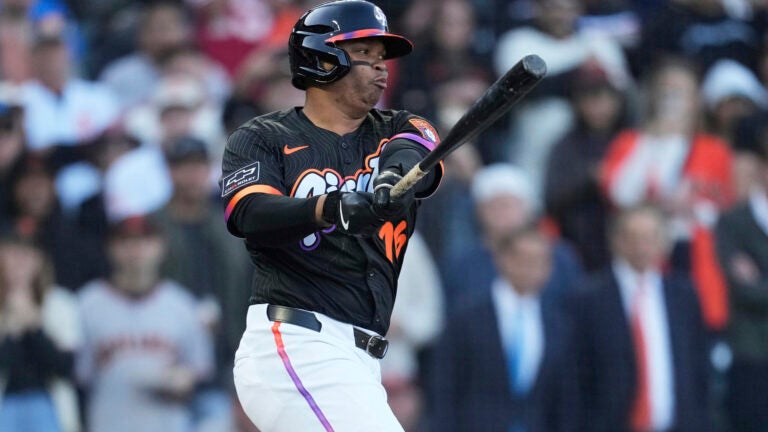 San Francisco Giants' Rafael Devers strikes out against the Cleveland Guardians during the first inning of a baseball game in San Francisco, Tuesday, June 17, 2025.