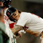 Boston Red Sox left fielder Jarren Duran (16) during a pitching change in the seventh inning at Fenway Park on June 9, 2025.