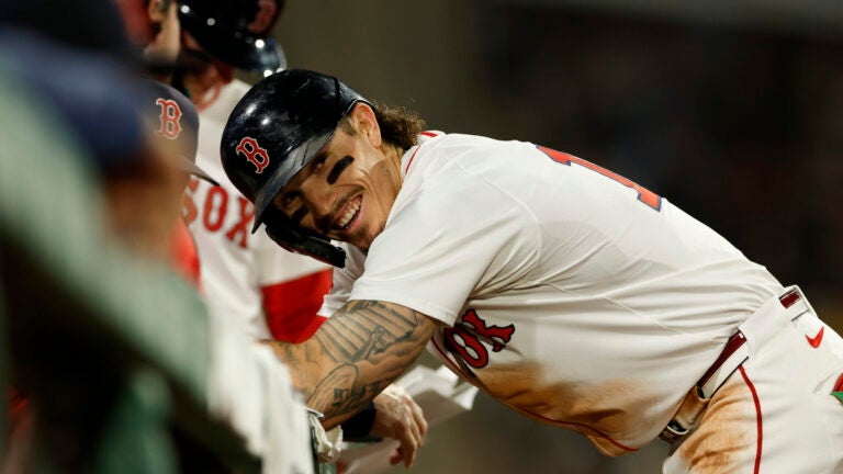 Boston Red Sox left fielder Jarren Duran (16) during a pitching change in the seventh inning at Fenway Park on June 9, 2025.