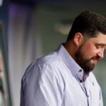 Former New England Patriots center David Andrews speaks during his retirement ceremony at Gillette Stadium on June 2, 2025. Andrews won two Super Bowls and spent his whole career with the Patriots.