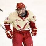 Boston College forward James Hagens (10) reacts after scoring a goal during the third period of an NCAA hockey regionals game against Bentley on March 28, 2025, in Manchester, N.H.