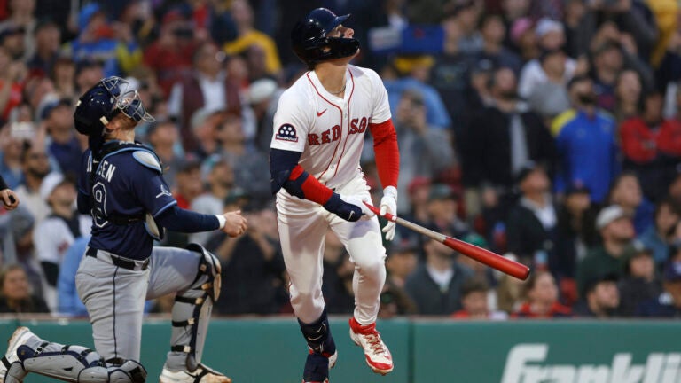 Red Sox outfielder Roman Anthony hits a pop fly in his first at bat during the second inning at Fenway Park on June 9, 2025.