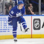 Toronto Maple Leafs' Mitch Marner (16) celebrates a goal against the Ottawa Senators during the first period of an NHL playoff hockey game in Toronto, Sunday April 20, 2025.