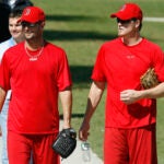 FILE - Red Sox pitchers Tim Wakefield, left, and Mike Timlin walk back to the clubhouse following workouts at the team's baseball spring training facility in Fort Myers, Fla., Feb. 15, 2008.