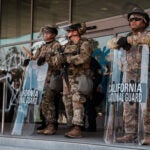 California National Guard and officers from the Department of Homeland Security guard the federal building in Los Angeles, June 9, 2025.