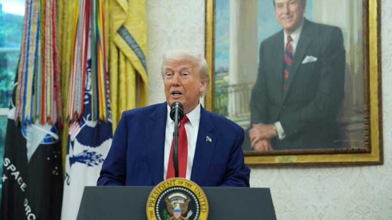 President Donald Trump speaks during a swearing in ceremony for interim U.S. Attorney General for the District of Columbia Jeanine Pirro, Wednesday, May 28, 2025, in the Oval Office of the White House in Washington.