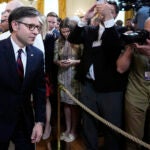 House Speaker Mike Johnson, R-La., departs after President Donald Trump signed a bill blocking California's rule banning the sale of new gas-powered cars by 2035, at an event in the East Room of the White House, Thursday, June 12, 2025, in Washington.