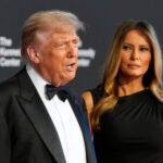 President Donald Trump and first lady Melania Trump arrive to view opening night of "Les Miserables," at the Kennedy Center, Wednesday, June 11, 2025, in Washington.
