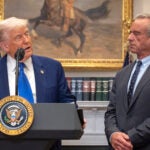 FILE - President Donald Trump, from left, speaks as Health and Human Services Secretary Robert F. Kennedy Jr., during an event in the Roosevelt Room at the White House, May 12, 2025, in Washington.