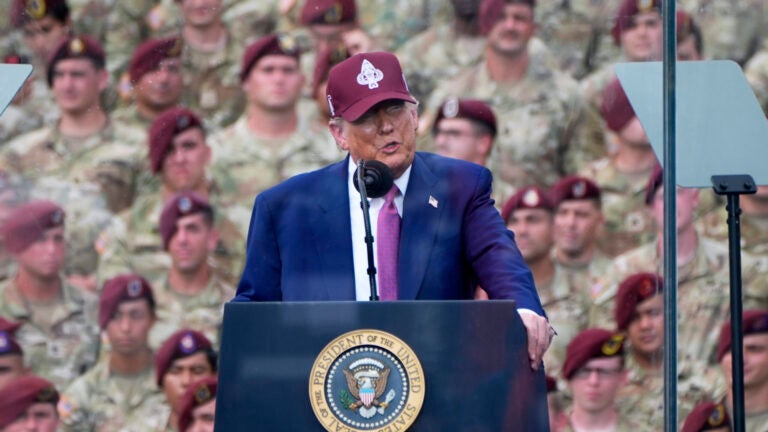 President Donald Trump speaks at Fort Bragg, Tuesday, June 10, 2025, in Fort Bragg, N.C.
