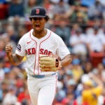 Boston Red Sox's Brayan Bello reacts after striking out New York Yankees' J.C. Escarra to end the seventh inning of a baseball game, Sunday, June 15, 2025, in Boston.