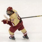 Boston College forward James Hagens (10) celebrates after scoring a goal during the first round of the NCAA tournament at SNHU Arena in Manchester, NH, on Friday, March 28, 2025. Boston College defeated Bentley University 3 - 1.