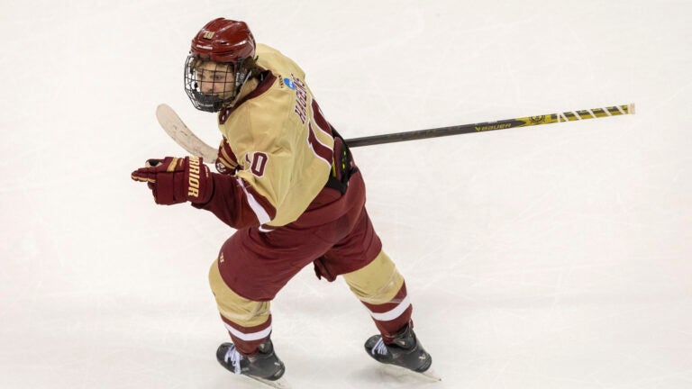 Boston College forward James Hagens (10) celebrates after scoring a goal during the first round of the NCAA tournament at SNHU Arena in Manchester, NH, on Friday, March 28, 2025. Boston College defeated Bentley University 3 - 1.