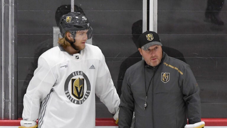 JULY 22: William Karlsson #71 of the Vegas Golden Knights talks with assistant coach Steve Spott during a training camp practice at City National Arena on July 22, 2020 in Las Vegas, Nevada.