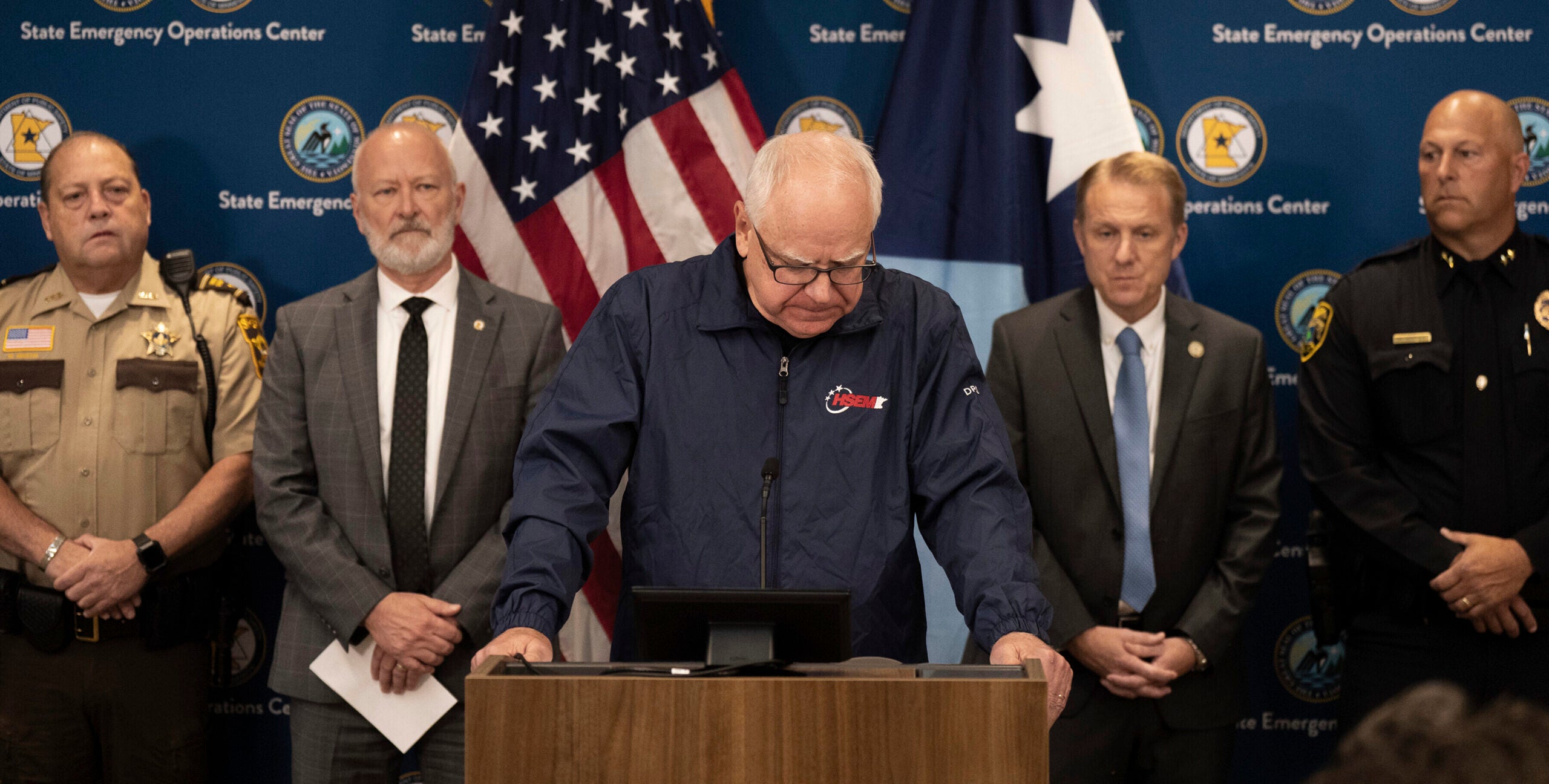 Minnesota Gov. Tim Walz pauses as he speaks about the killing of state Rep. Melissa Hortman and her husband at the State Emergency operations Center in Blaine, Minn.. Saturday, June 14, 2025. 