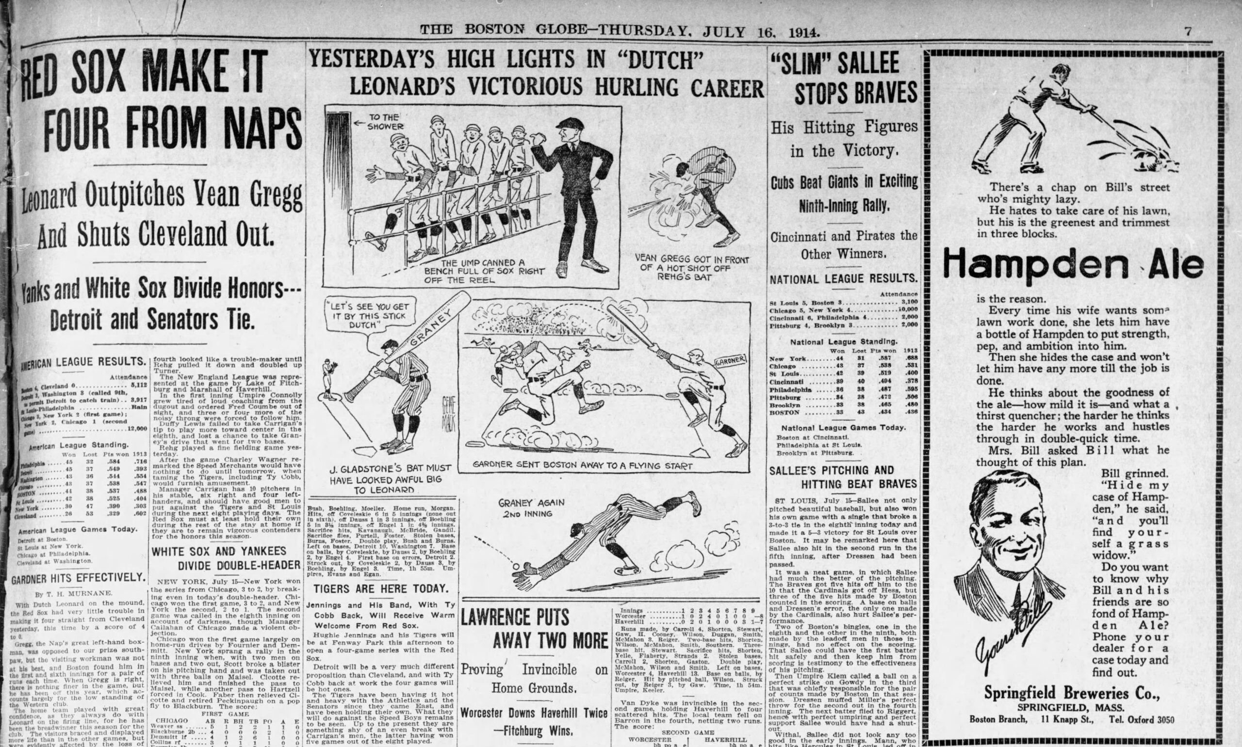 1914 Boston Daily Globe Red Sox Dutch Leonard