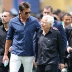 EAST RUTHERFORD, NEW JERSEY - JULY 13: Tom Brady, American football quarterback, and Robert Kraft, Chief executive officer of the New England Patriots attend the FIFA Club World Cup 2025 Final match between Chelsea FC and Paris Saint-Germain at MetLife Stadium on July 13, 2025 in East Rutherford, New Jersey.
