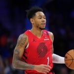 Portland Trail Blazers' Anfernee Simons plays during an NBA basketball game Monday, March 3, 2025, in Philadelphia.