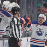SAN JOSE, CALIFORNIA - APRIL 03: Viktor Arvidsson #33 of the Edmonton Oilers is congratulated by teammates after he scored a goal against the San Jose Sharks during the second period at SAP Center on April 03, 2025 in San Jose, California.