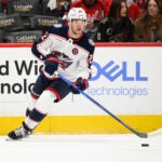Columbus Blue Jackets defenseman Jordan Harris (22) in action during the first period of an NHL hockey game against the Washington Capitals, Sunday, April 13, 2025, in Washington.