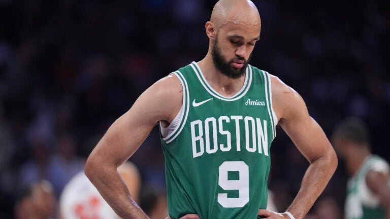 Boston Celtics' Derrick White reacts during the first half of Game 6 in the Eastern Conference semifinals of the NBA basketball playoffs against the New York Knicks Friday, May 16, 2025, in New York.