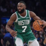 Boston Celtics' Jaylen Brown (7) during the second half of Game 6 in the Eastern Conference semifinals of the NBA basketball playoffs against the New York Knicks Friday, May 16, 2025, in New York.