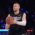 Boston Celtics' Kristaps Porzingis before Game 6 in the Eastern Conference semifinals of the NBA basketball playoffs between the New York Knicks and the Boston Celtics Friday, May 16, 2025 in New York.