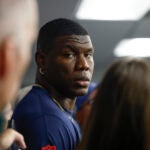 New England Patriots defensive end Keion White speaks to reporters before practice at Gillette Stadium.