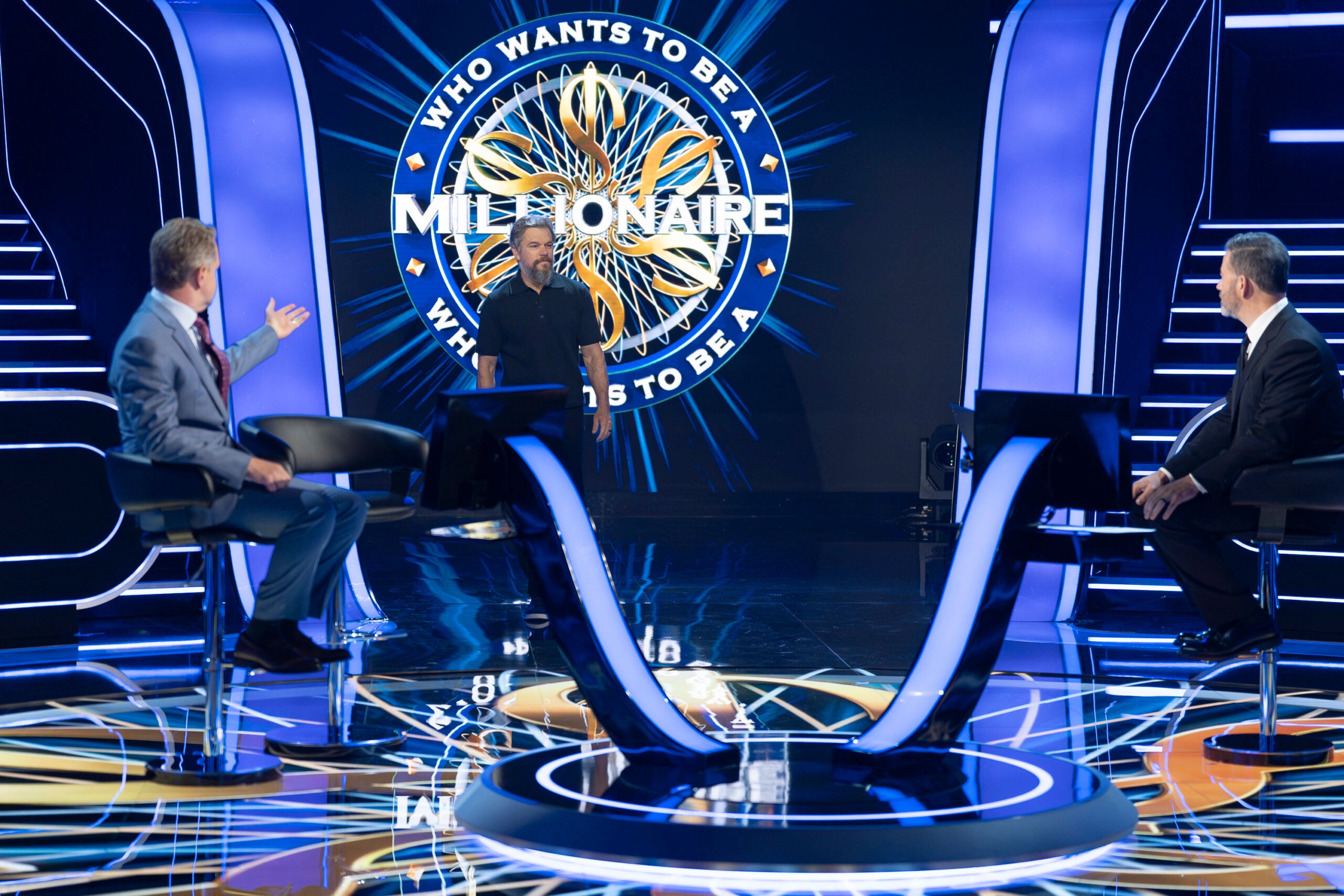 Ken Jennings, Matt Damon, and Jimmy Kimmel on "Who Wants to Be a Millionaire."