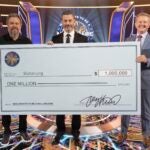 Matt Damon and Ken Jennings stand with "Who Wants to be a Millionaire" host Jimmy Kimmel after winning $1 million for charity.