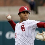 Oklahoma's Kyson Witherspoon during an NCAA baseball game on Friday, Feb. 14, 2025, in Norman, Okla.