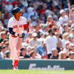 Red Sox -- Ceddanne Rafaela of the Red Sox looks to left field after hitting a home run in the sixth inning.