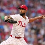 Philadelphia Phillies' Cristopher Sánchez pitches during the third inning against the Red Sox Tuesday, July 22, 2025, in Philadelphia.