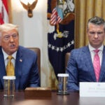 Trump Ukraine -- President Donald Trump, left, with Defense Secretary Pete Hegseth, right, during a cabinet meeting at the White House, Tuesday, July 8, 2025, in Washington.