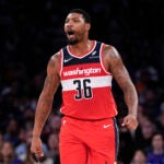 Washington Wizards guard Marcus Smart (36) reacts during the second half of an NBA basketball game against the New York Knicks, Saturday, March 22, 2025, in New York.
